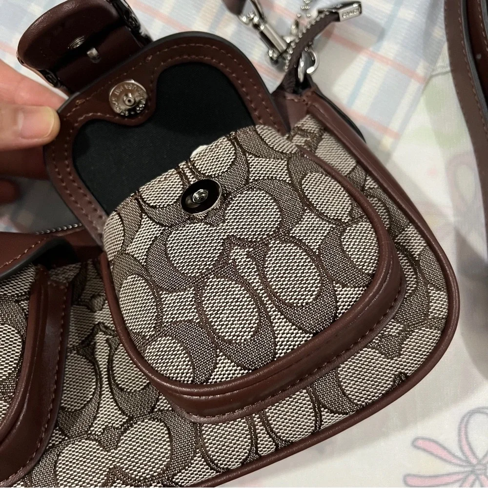 Coach Brown Signature Jacquard Crossbody Bag with Buckle Pockets
